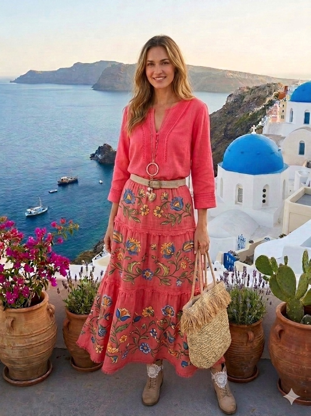 Pink LINEN V-Neck Embroidered top w resort vacay beach vibe